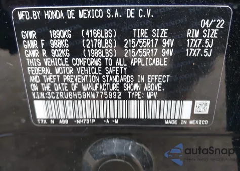 2022 Honda Hr-V Awd Ex z USA, uszkodzony, nr VIN 3CZRU6H59NM775992